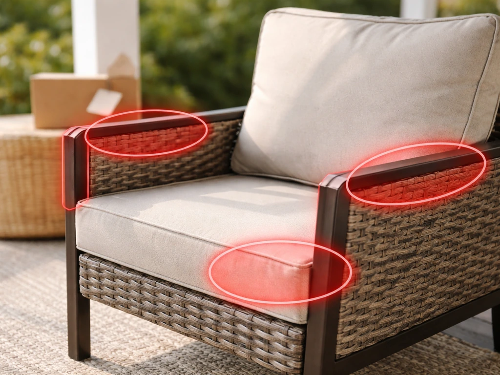 Close-up of a patio chair on a porch with subtle red highlighted checklist overlay areas.