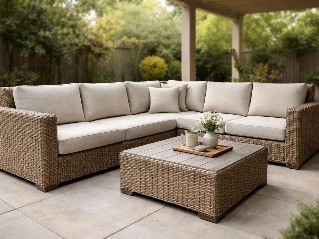 Covered patio patio sectional with woven PE rattan texture and cushioned seats, highlighting durability and comfort.