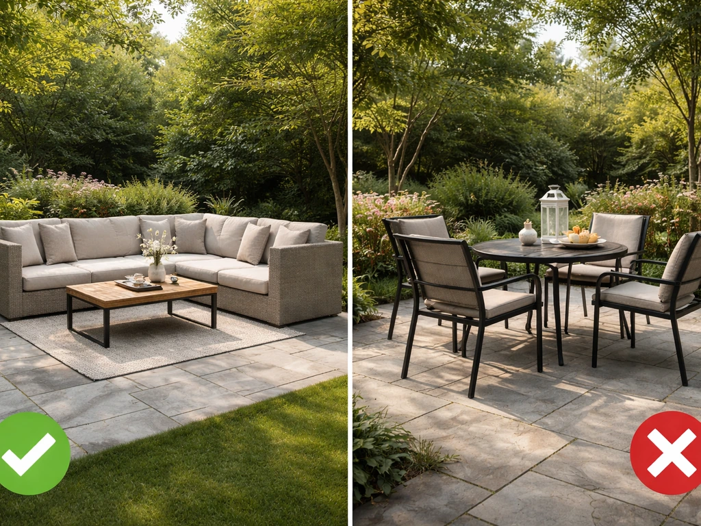 Minimal split-screen photo of two patio furniture setups: a modular sectional and a dining set.