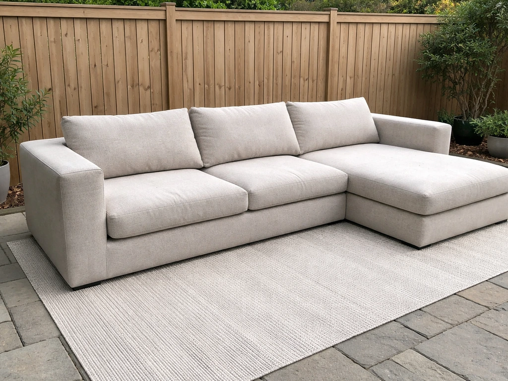 Contemporary low-profile patio sectional with chaise loungers in a quiet backyard, cushions and wide armrests visible