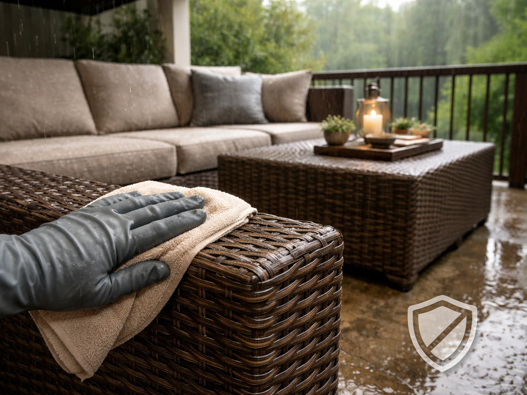 Outdoor PE rattan furniture under light rain, then being wiped down for maintenance-ready care.