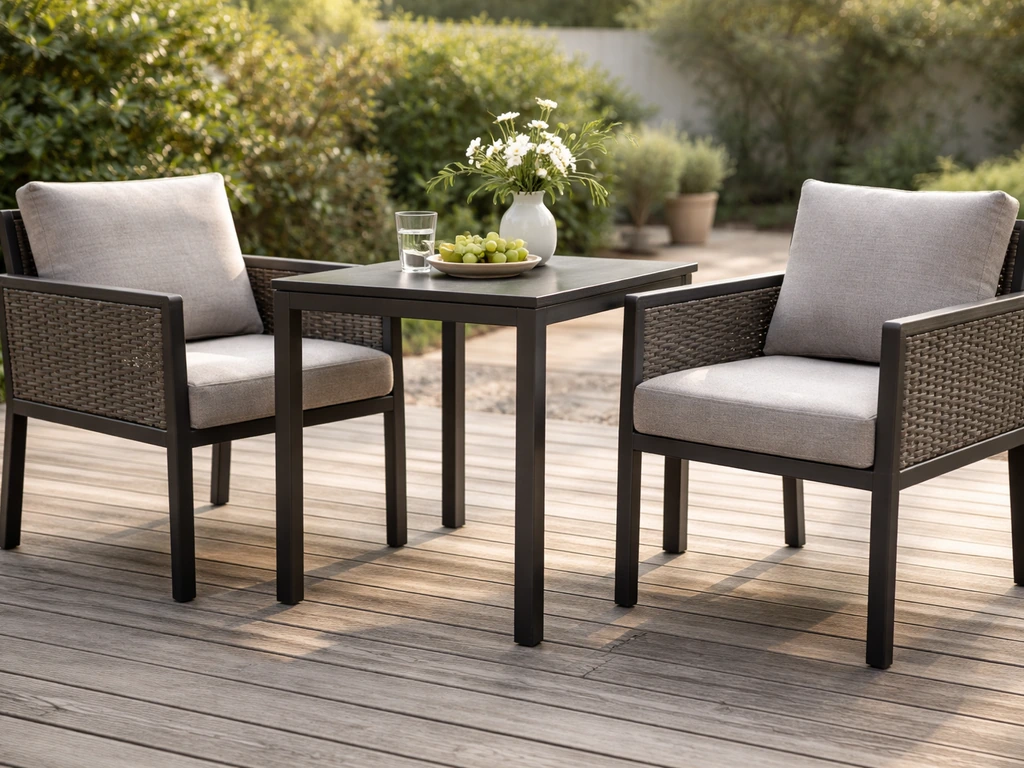 Corvus-style outdoor patio dining set on a modern deck with cushions in warm natural light