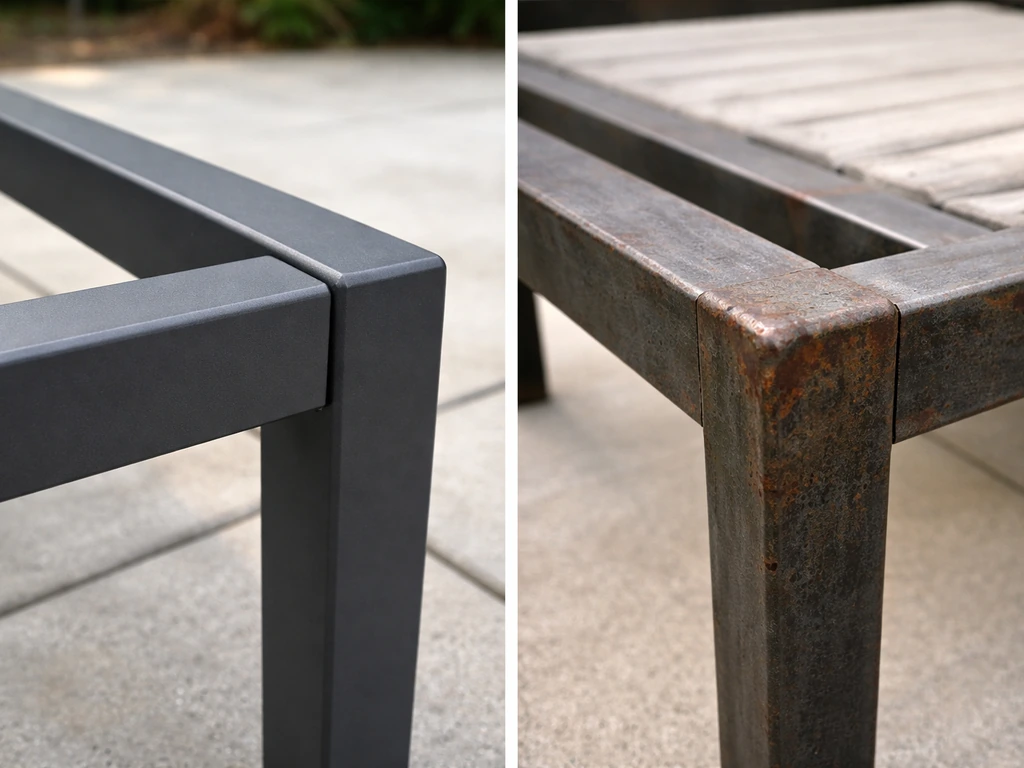 Close-up of a powder-coated aluminum outdoor chair frame beside an older steel frame showing light rust