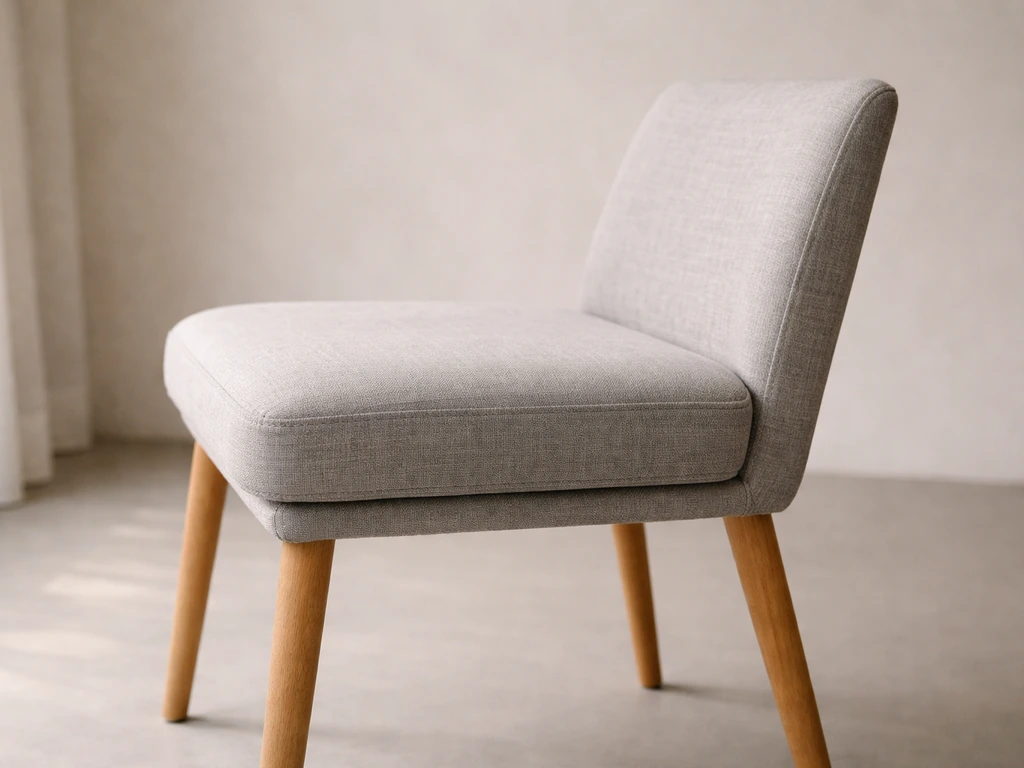 Side view of a gray upholstered dining chair showing thick cushion and relaxed backrest, no people.