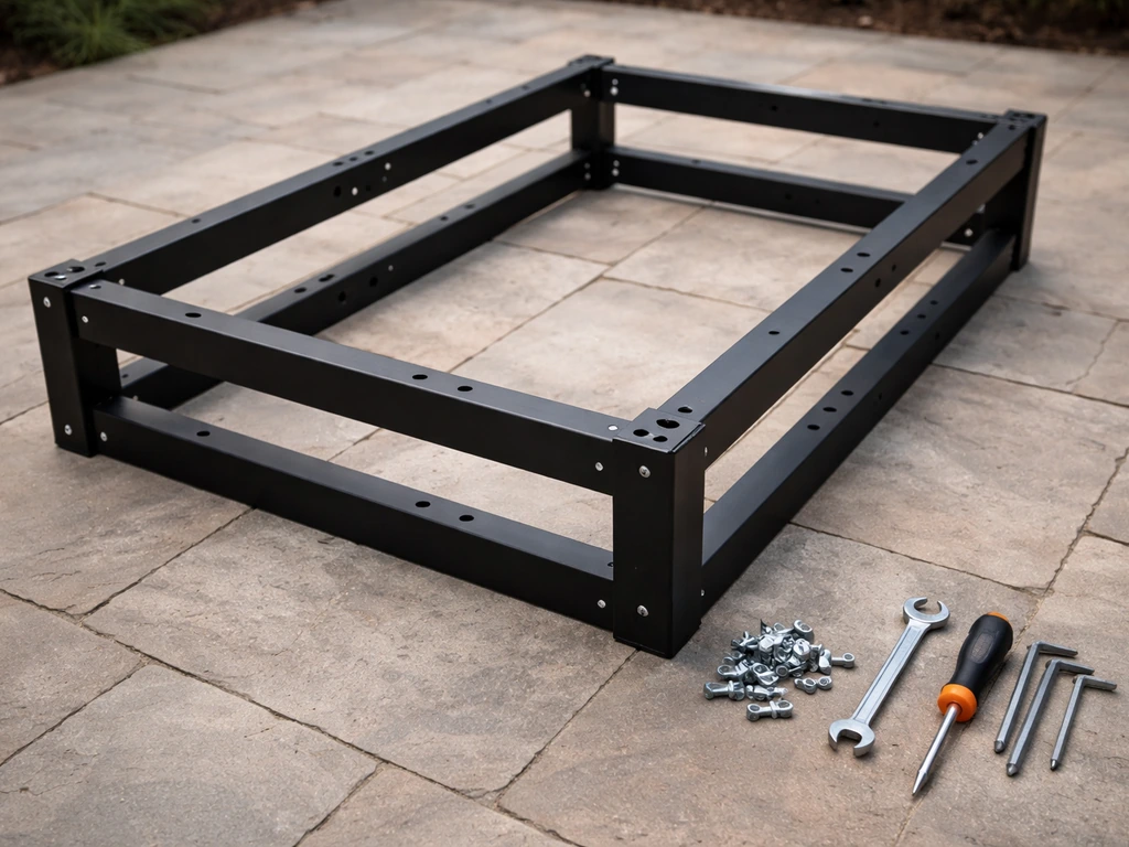Patio assembly moment with tools and partially assembled frame laid out on a clean backyard floor