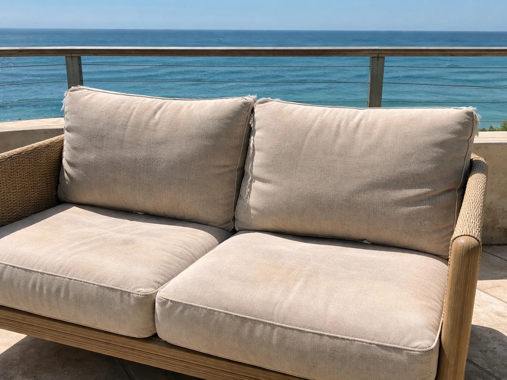 Worn, sun-faded outdoor loveseat cushions on a coastal patio near salt-stained railing.