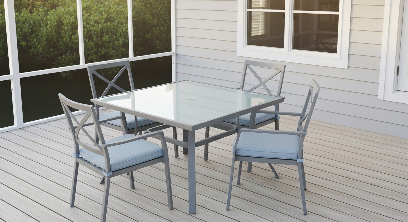 Five-piece patio dining set with a 39.5-inch square glass table and four light-gray steel-frame chairs with thin pale-blue cushions, staged on a covered lanai in soft daylight.