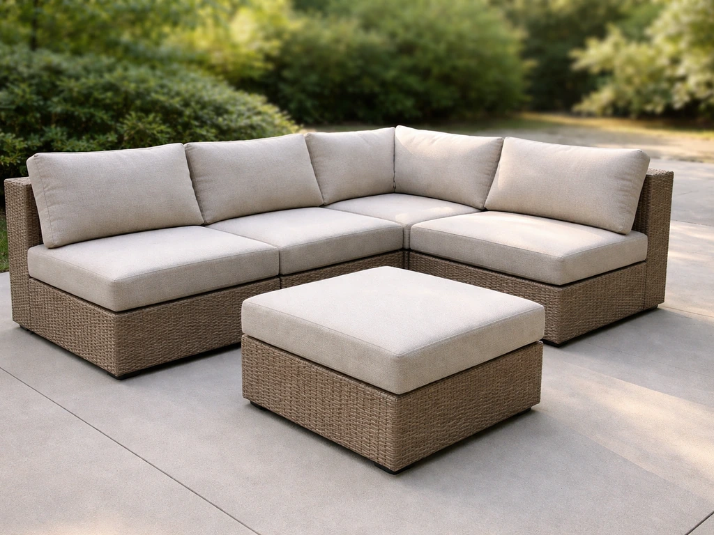 Minimal patio furniture set showing sectional modules, corner piece, and cushions arranged for easy seating layout.