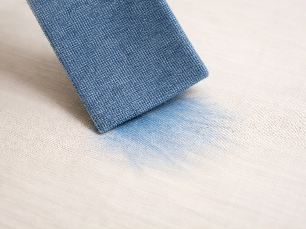 Blue cushion fabric swatch with visible dye transfer stains on a light surface