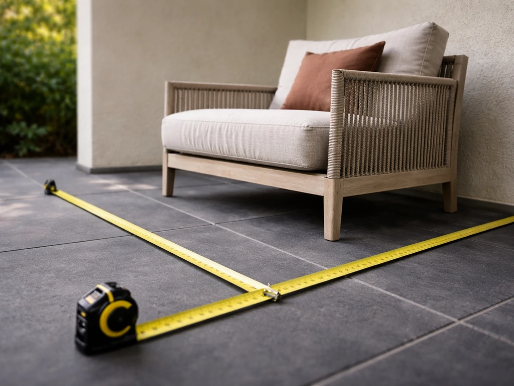 Patio scene with a measuring tape showing the approximate footprint of a neutral outdoor chair layout.