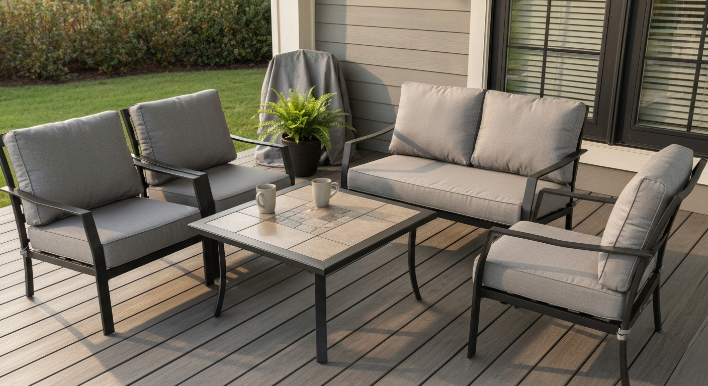 Four-piece Elliot Creek–style patio conversation set on a covered porch: dark powder-coated steel frames, gray olefin cushions, and a square tile tabletop inset, staged in warm afternoon light.