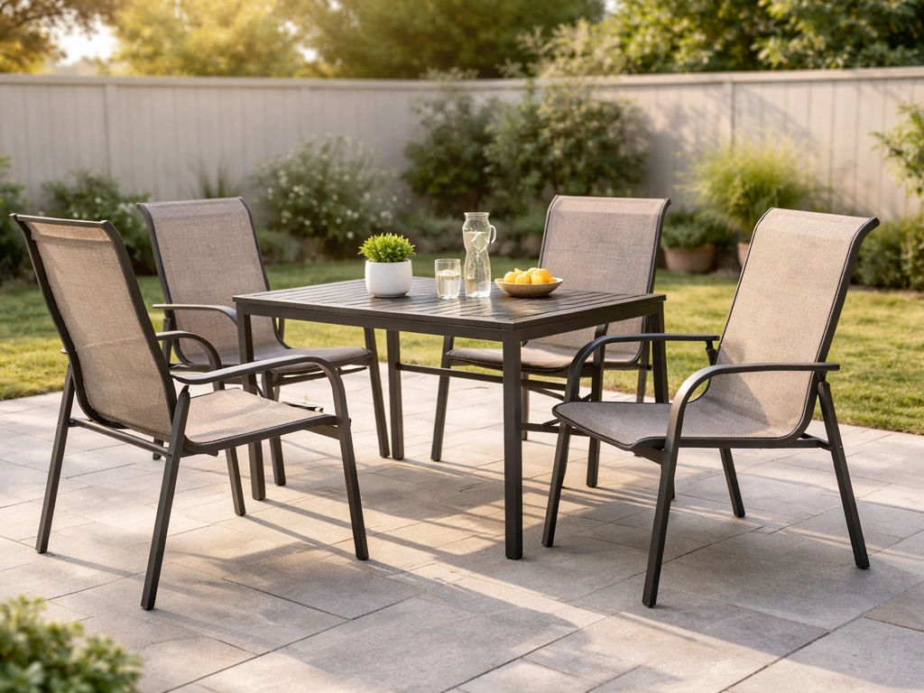 Wide backyard patio with matching Textilene sling dining/conversation furniture in natural light.
