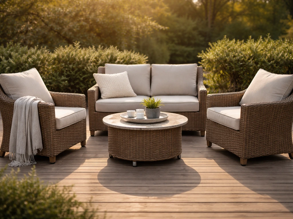 Neutral wicker patio conversation set with cushions on a wooden deck in warm natural light.