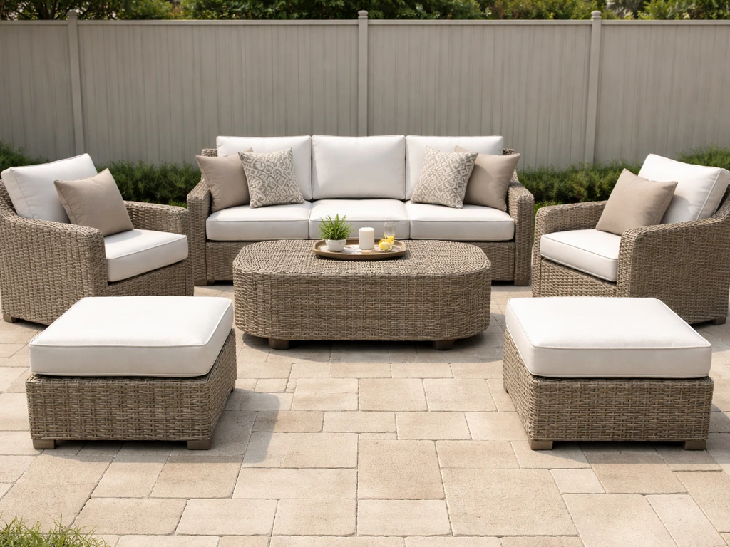 A 7-piece wicker outdoor conversation set with sofa chairs and coffee table on a patio.