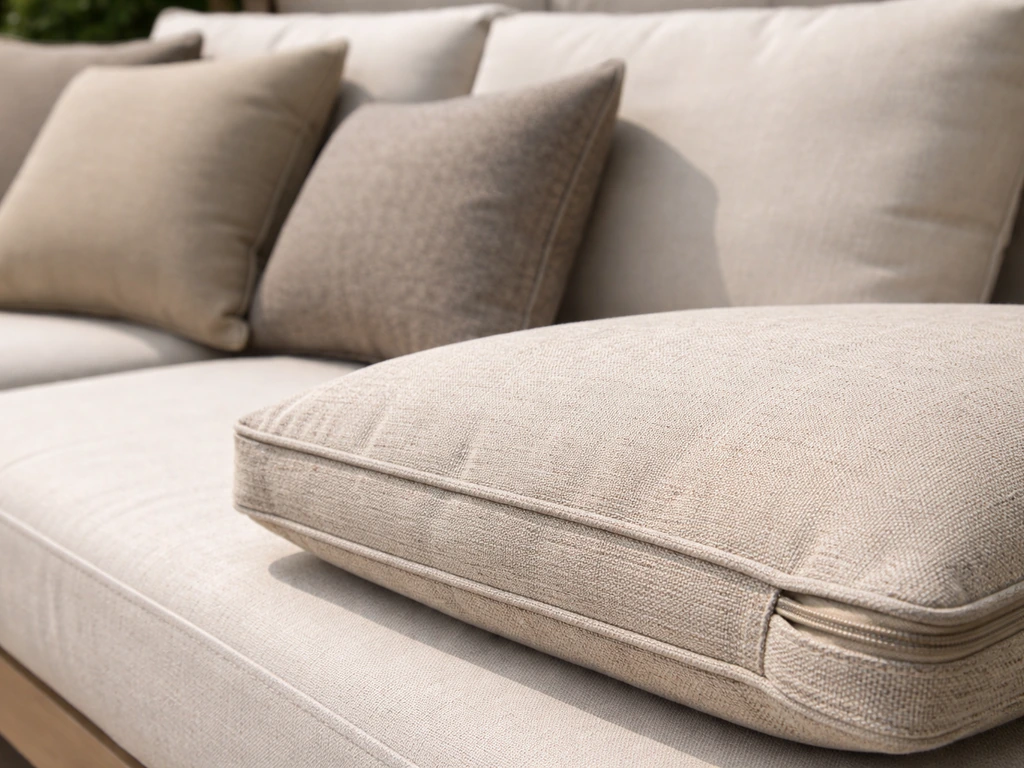 Close-up of olefin cushions on a sofa, showing zippered covers and even, comfortable seating details.