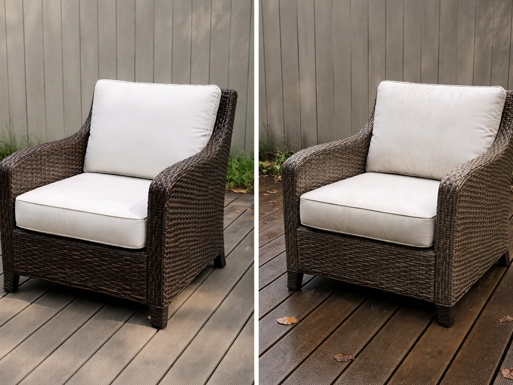 Patio set on a backyard deck showing mild weathering on PE wicker and cushions after sun and rain