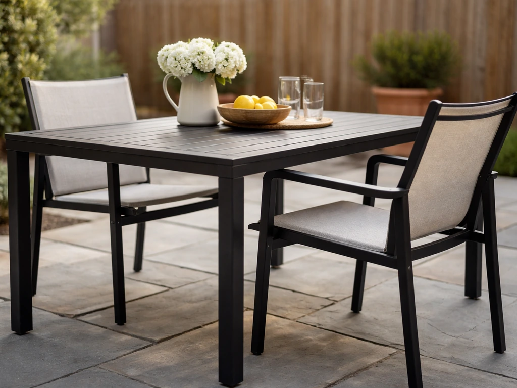 Matte black outdoor dining table with sling chairs on a simple patio in soft natural light.