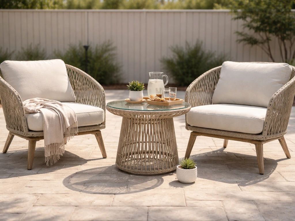 Bright patio with rope-weave chairs and a glass-top table showing comfortable outdoor seating