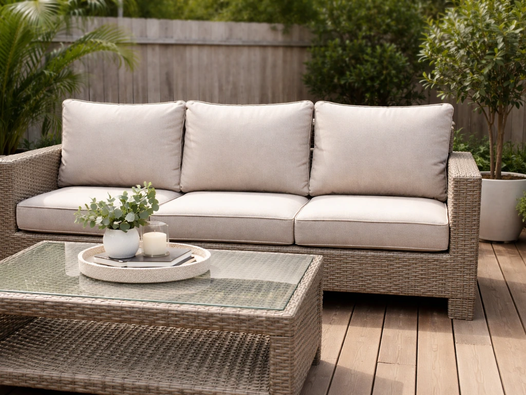 Neutral patio sofa and glass-top coffee table on a wooden deck with a few potted plants, no people.