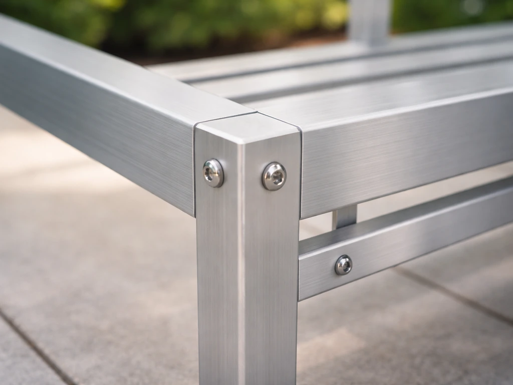 Close-up of an aluminum patio furniture frame with stainless hardware outdoors, showing durable construction.