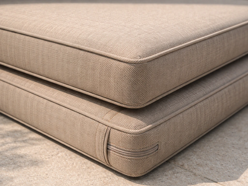 Close-up of thick outdoor cushions showing durable Sunbrella-style fabric texture and secure seams
