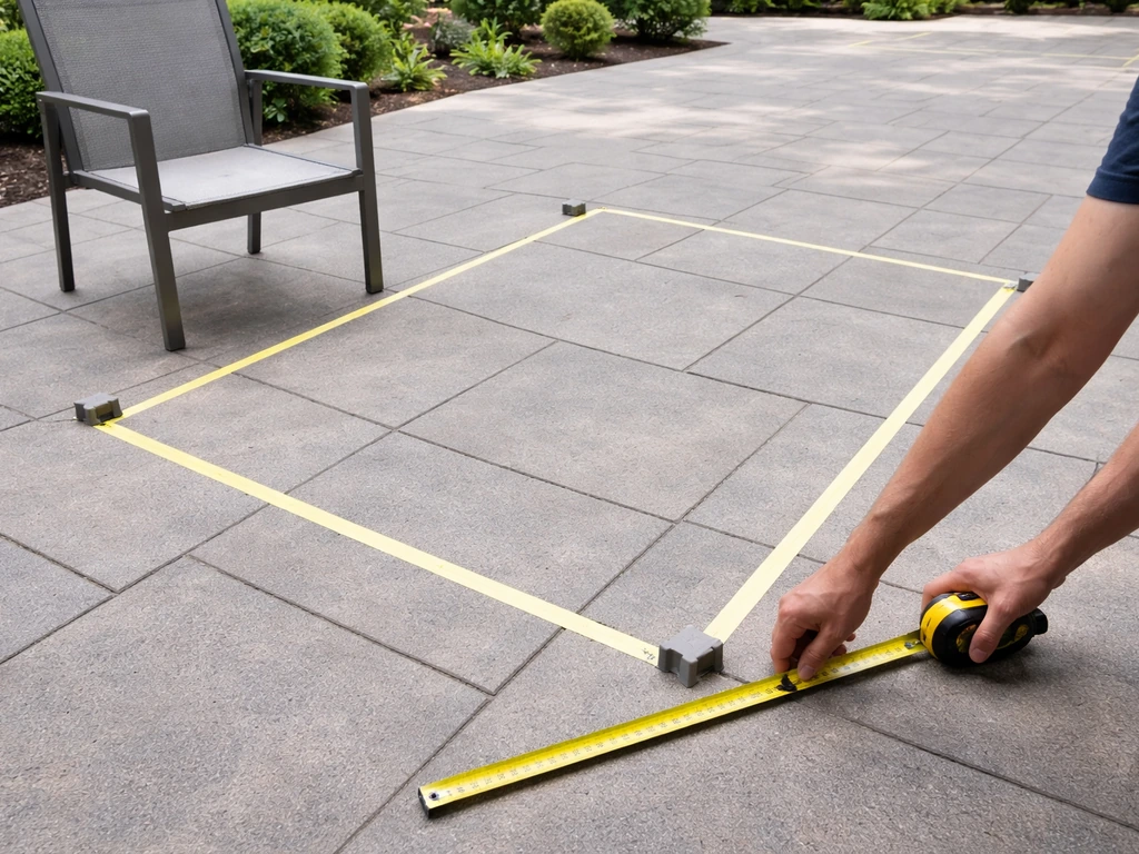 Person measuring a patio with tape over a laid-out furniture footprint, showing clearance space.