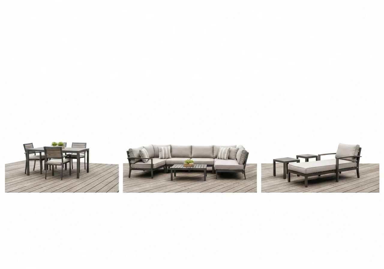 Side-by-side photo comparing a patio dining set, a conversation sectional lounge, and a single lounger setup.