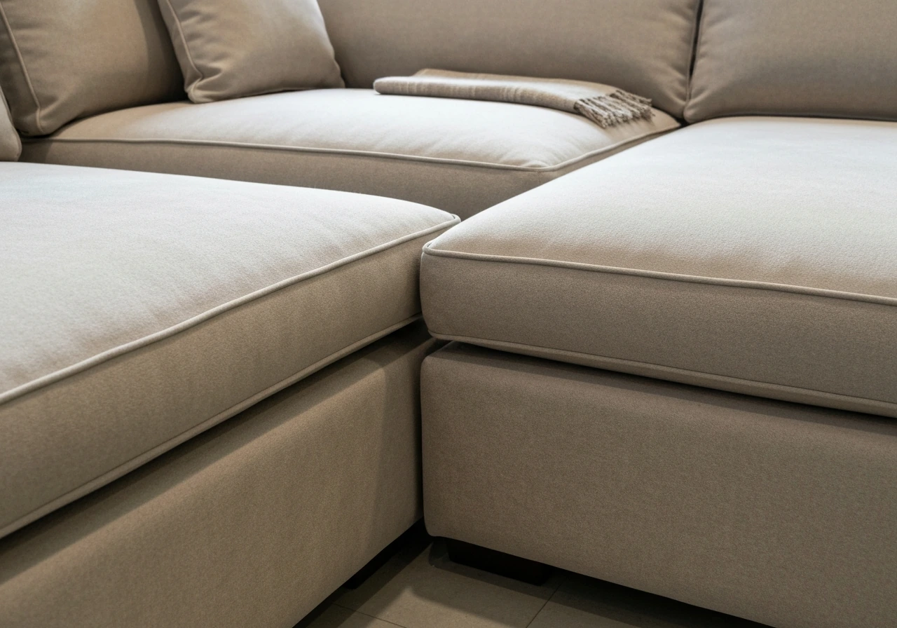 Close angled view of a connected sectional conversation set showing cushion thickness and frame seams.