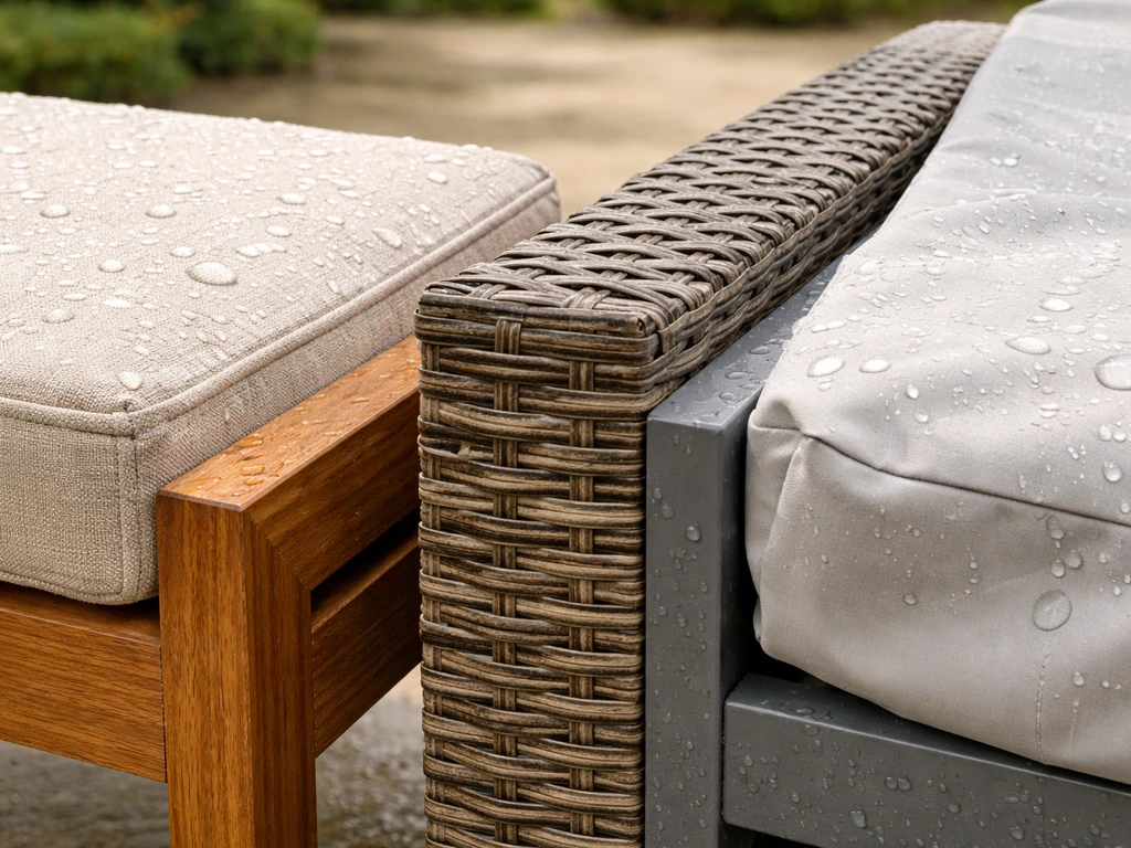 Close-up of acacia wood and PE rattan-over-aluminum outdoor furniture with cushions and protective cover.