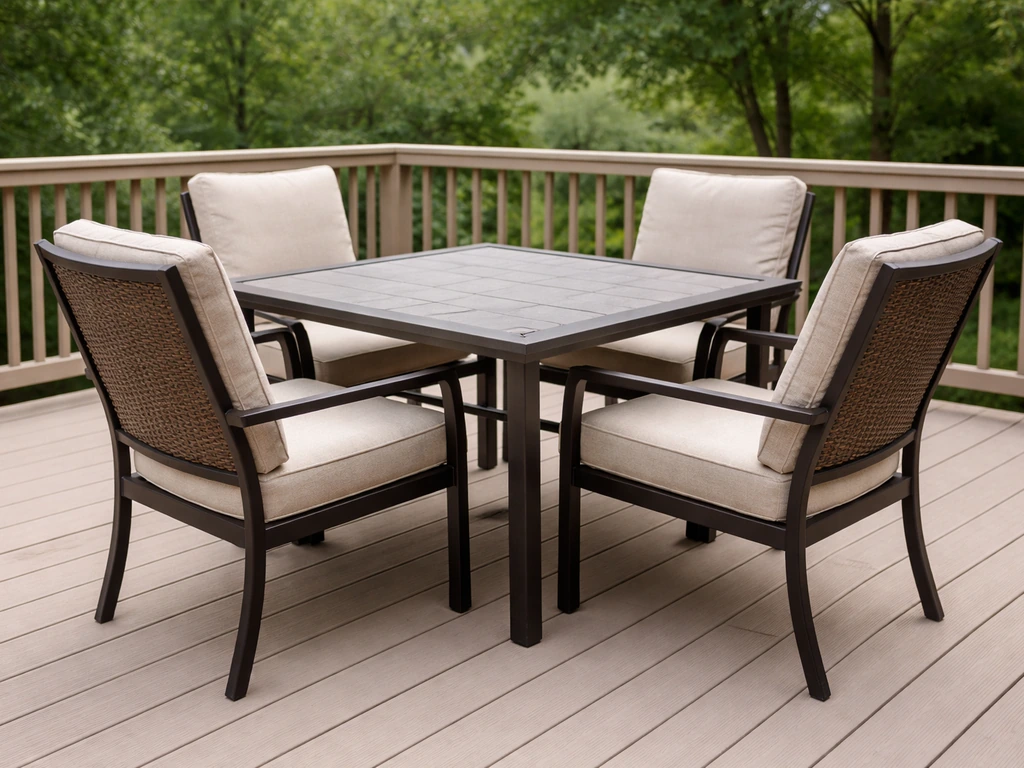 Skytop-style outdoor dining set on a home deck with coordinated table and four cushioned chairs