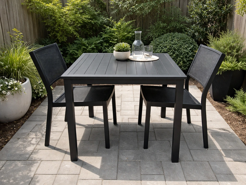 Compact small patio dining setup with a 42-inch square table and two neatly placed chairs