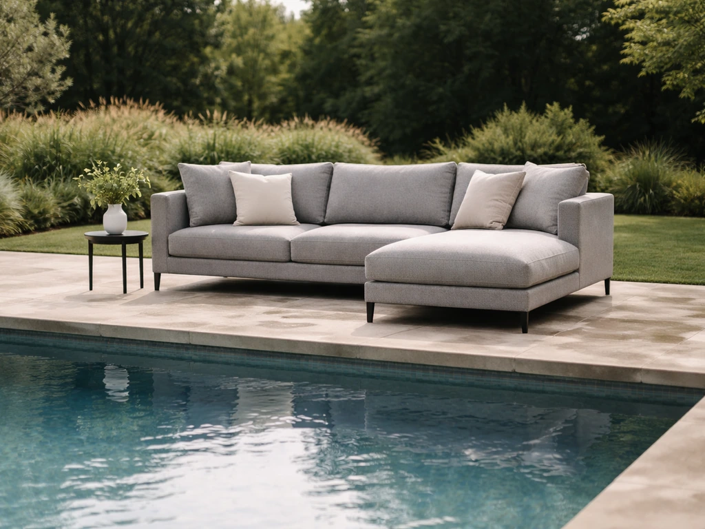 A minimal poolside scene with a gray outdoor sectional lounge set near the deck