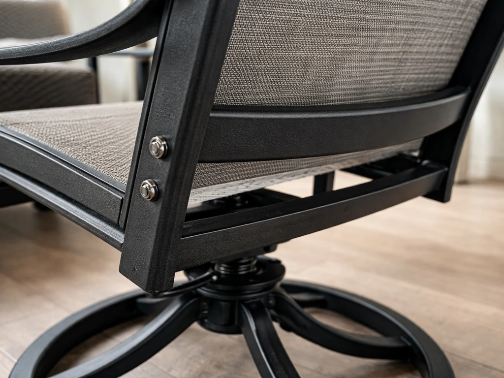 Close-up of a black powder-coated steel frame and woven sling swivel chair hardware