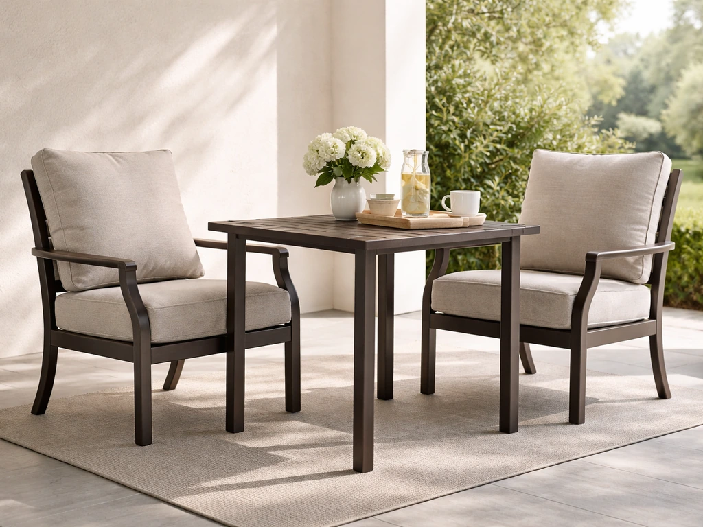 Covered outdoor patio with a high-quality cushioned dining set, showing materials and weather-ready design.