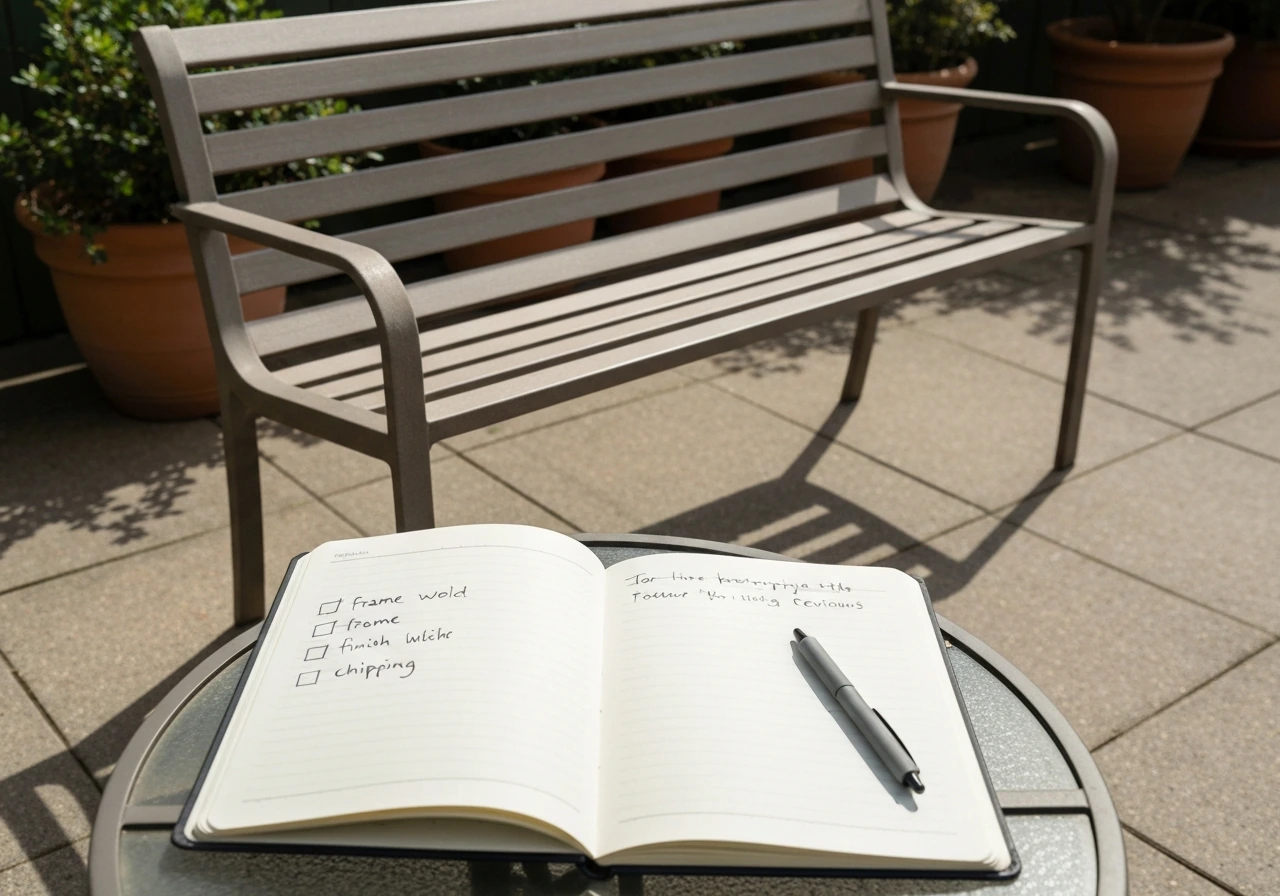 Close-up of patio furniture frame with slightly worn finish and a notebook showing simple review checklist.