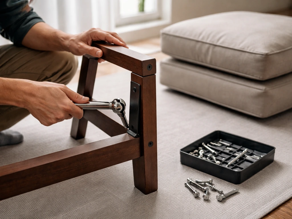 Person assembling a patio chair with tools, bolts, frame sections, and cushions on a work surface