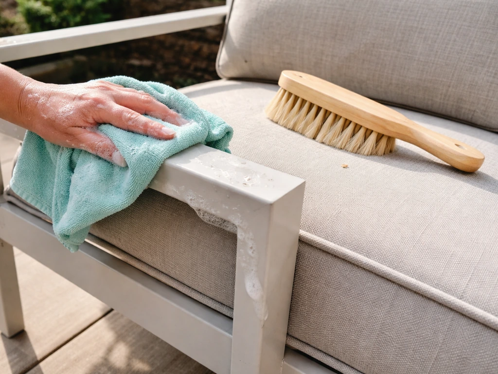 Hand wiping a patio chair frame with mild soap water while nearby fabric cushion is brushed clean