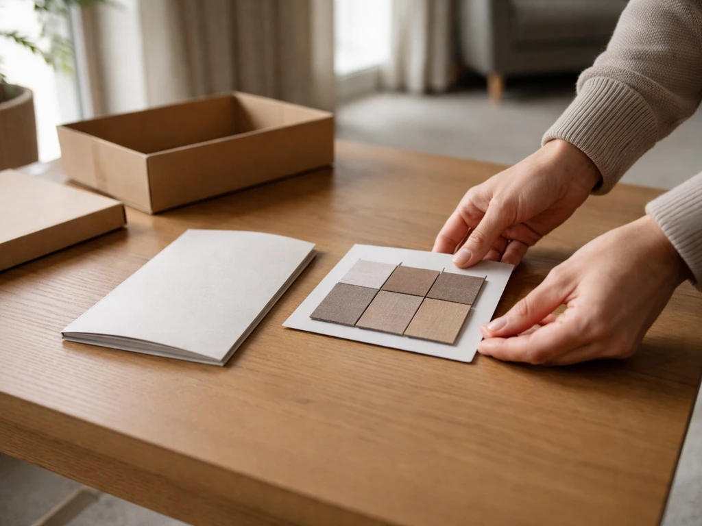 Hands place a generic warranty booklet and product brochures on a wooden table near a cardboard box.