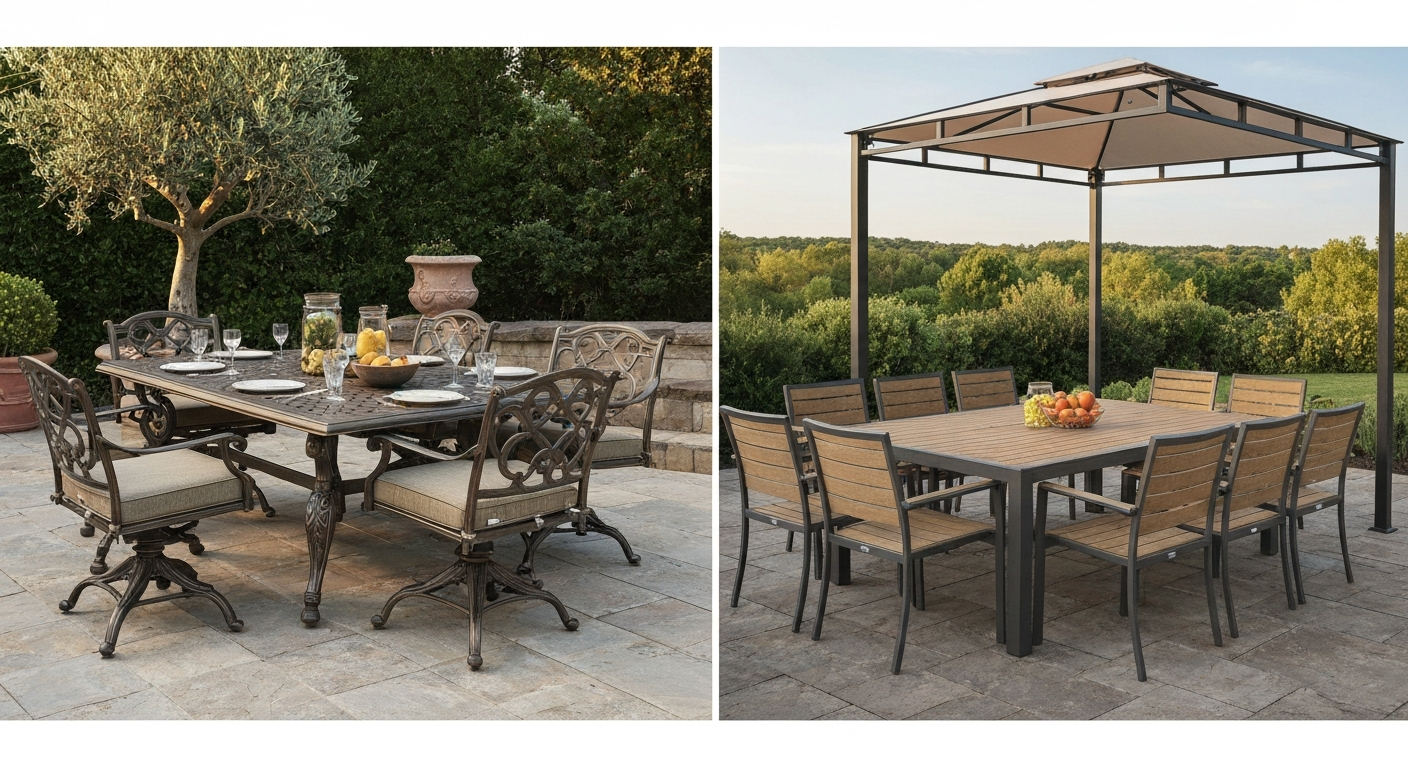 Split-view patio showing premium ornate cast-aluminum Tuscany dining set on the left and a budget HDPE Tuscany dining set with a cabana in the background on the right.
