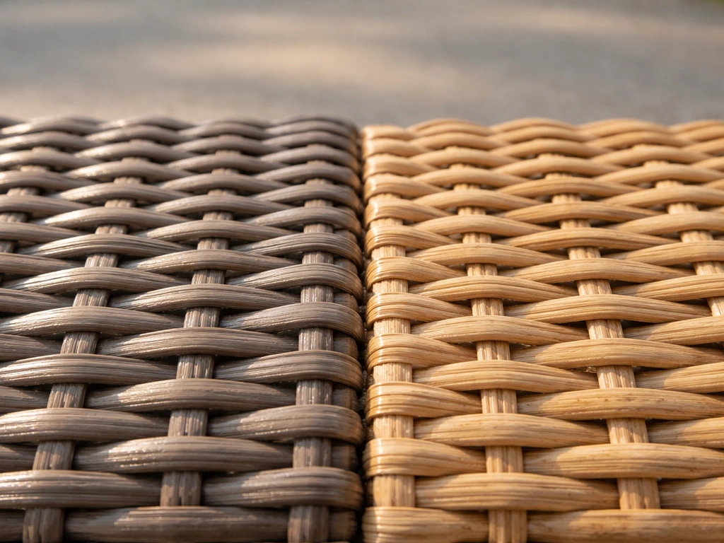 Close-up comparison of synthetic resin wicker weave vs natural-rattan-like fiber texture outdoors