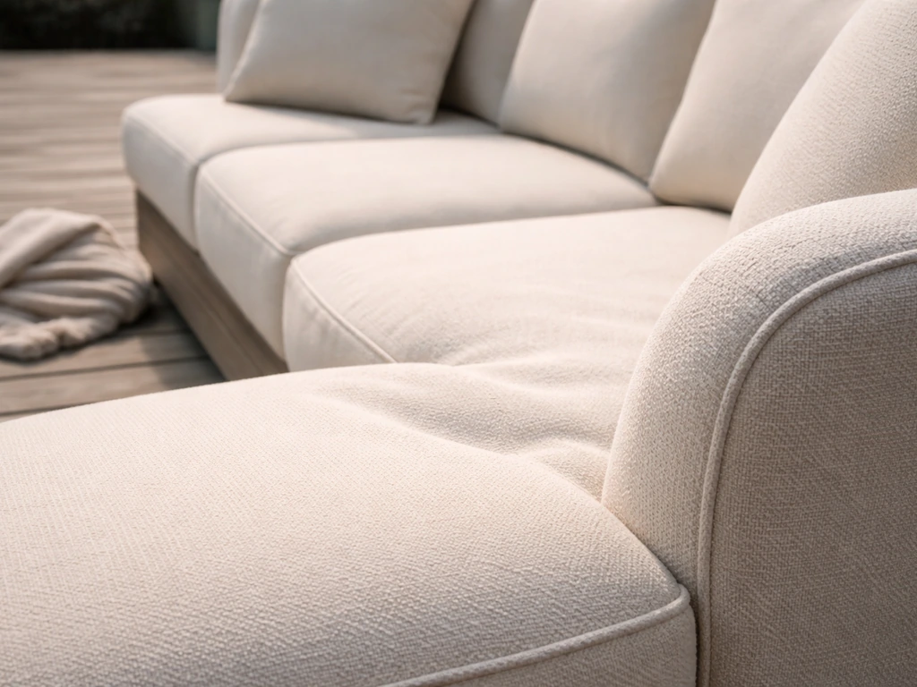 Close user-perspective view of a deep patio sectional showing thick cushioned seat and curved armrest.