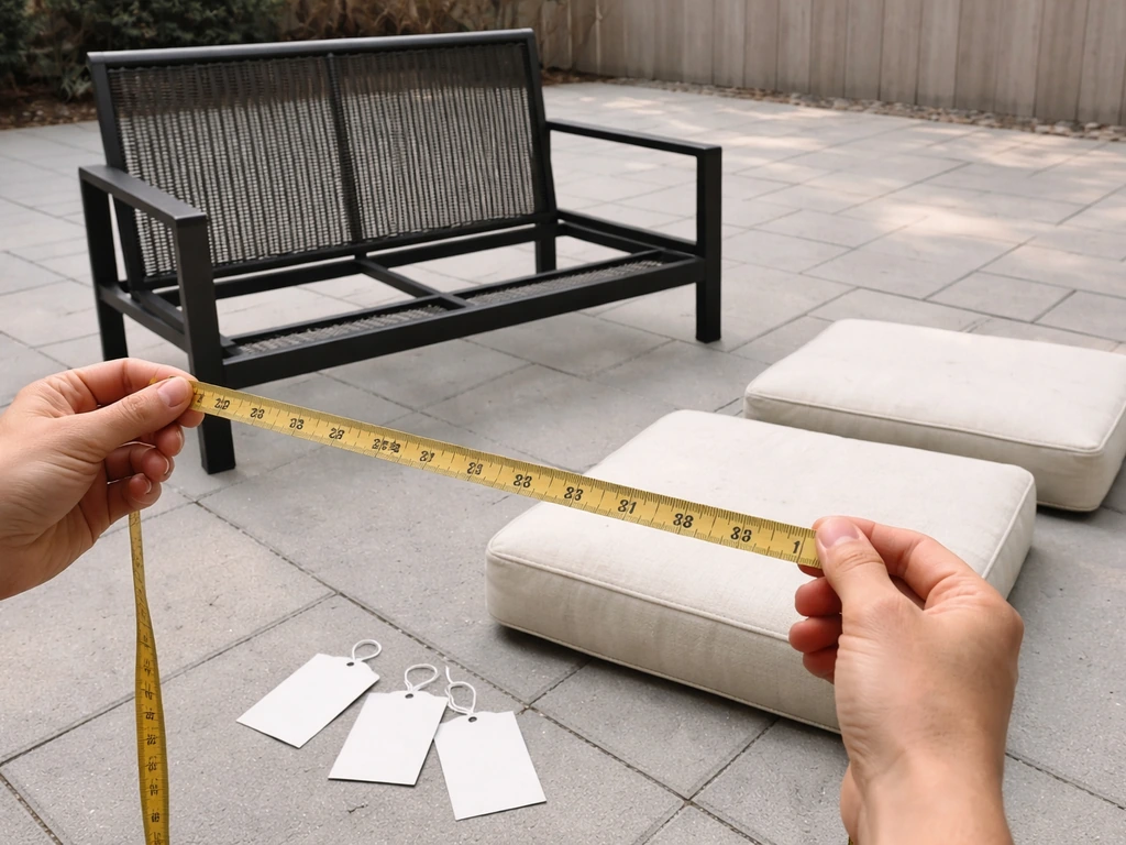 Adult hands with a measuring tape beside patio furniture frame and blank tags for fabric/material checks.