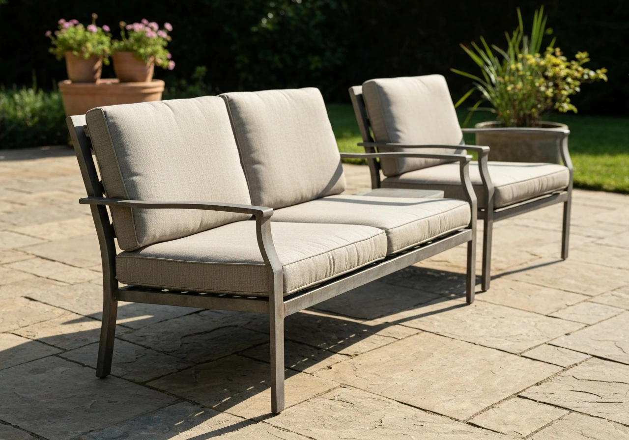 Cast-aluminum patio furniture set with cushions on a quiet stone patio surrounded by potted plants
