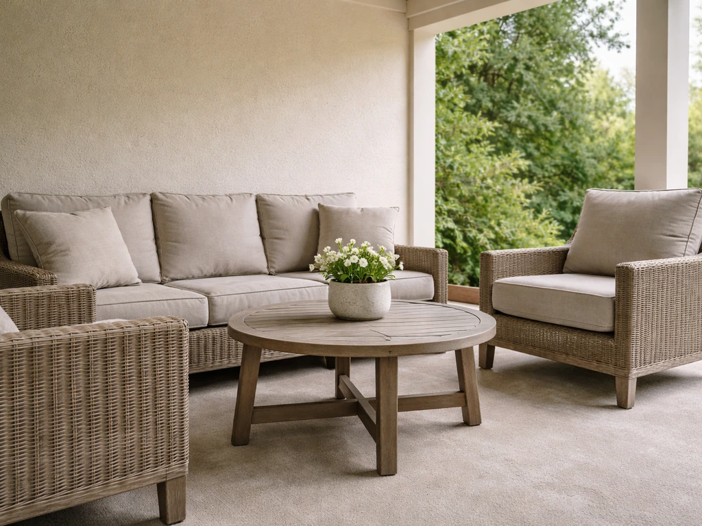 Covered patio seating set with visible cushions and weathered look, emphasizing durability and comfort.