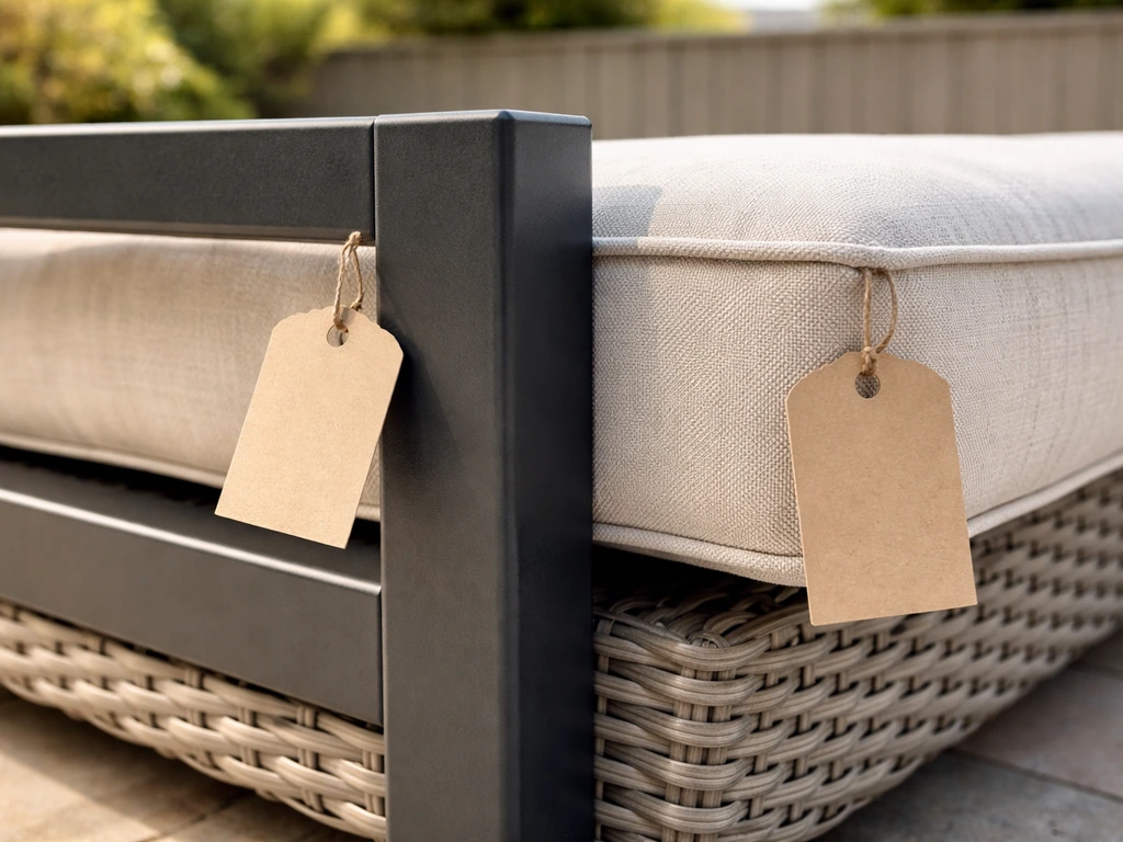 Close-up of patio set components with tags showing aluminum frame, cushion thickness, and rust protection