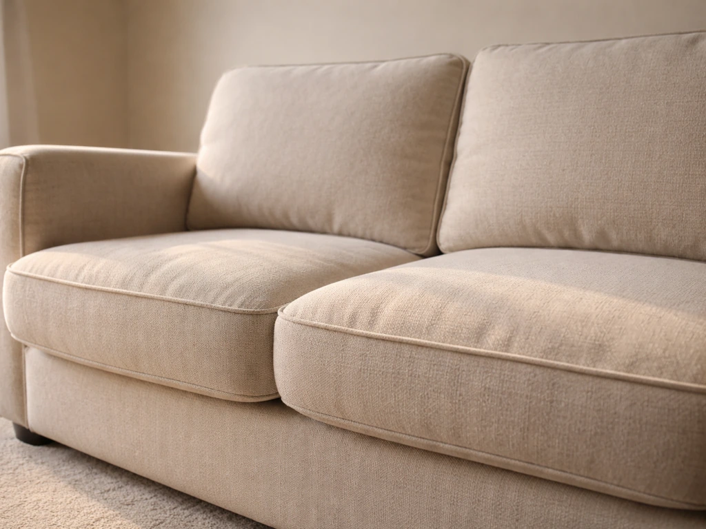 Close view of a plush loveseat seat cushion with deep padding and textured upholstery in soft natural light.