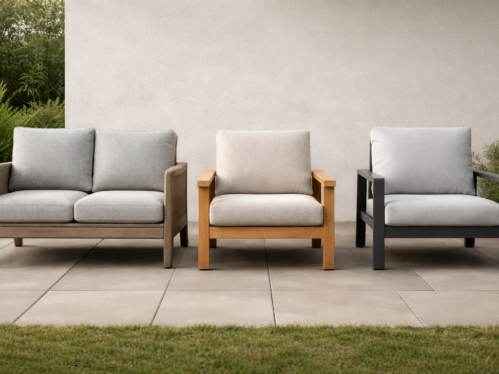 Minimal photo of outdoor patio furniture pieces in matching neutral colors on a paved patio