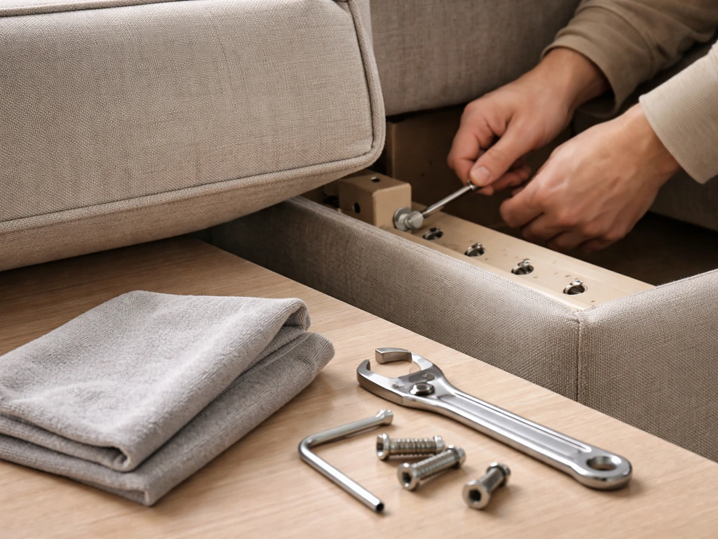 Hands tightening a sofa joint next to wrenches, bolts, and a microfiber cloth for cushion care.