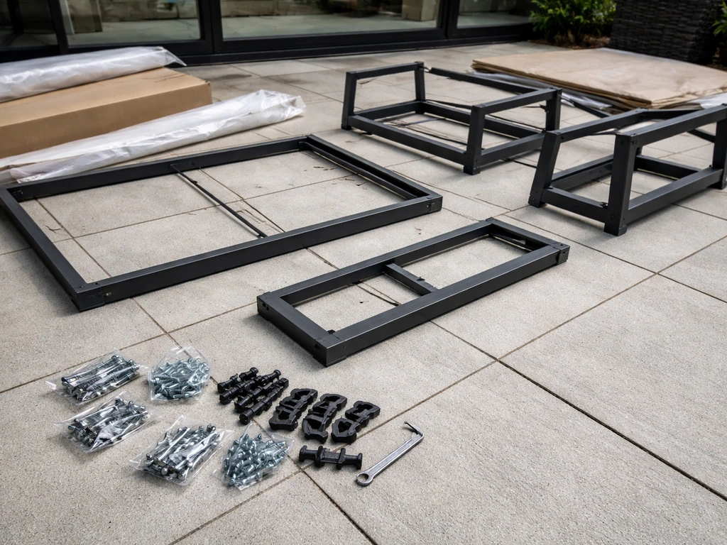 Closeup of flat-pack patio furniture parts, hardware, and table/chair frame pieces on a patio floor.