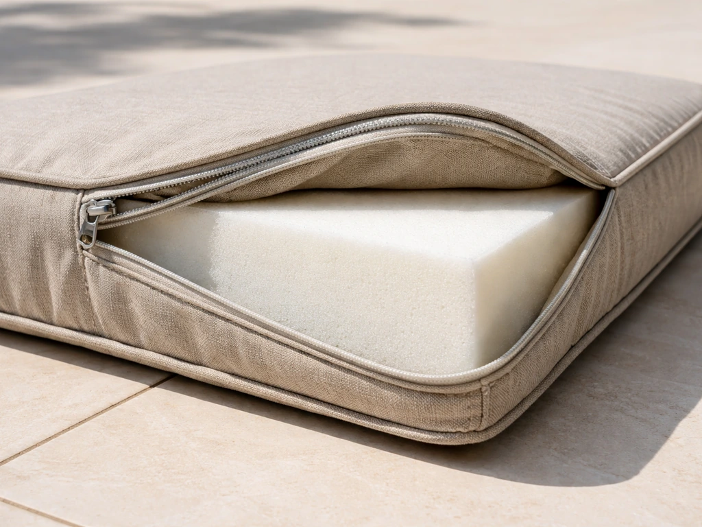 Closeup of a sofa cushion showing thick high-resilience foam and a removable zippered washable cover
